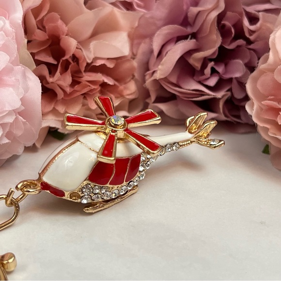 Whimsical Red and White Crystal Helicopter Keychain Charm - Picture 5 of 16